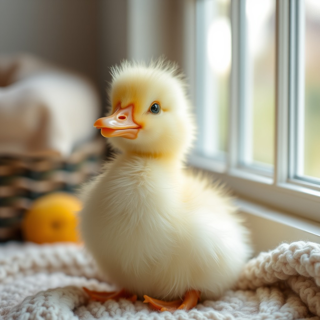 fluffy duckling, cozy indoor light, whimsical cute style