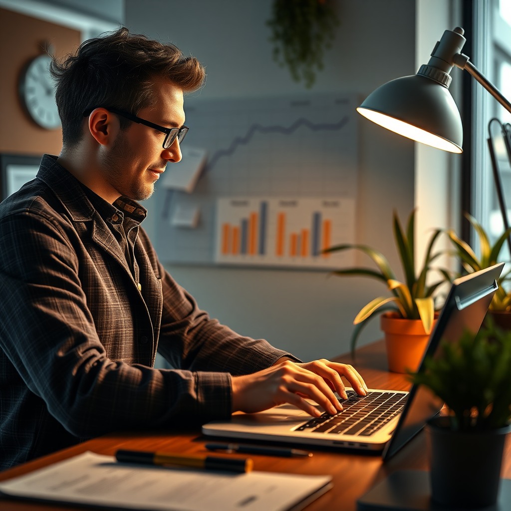 Photo-realistic editorial photography, realistic scene representing a small business owner managing invoices on laptop