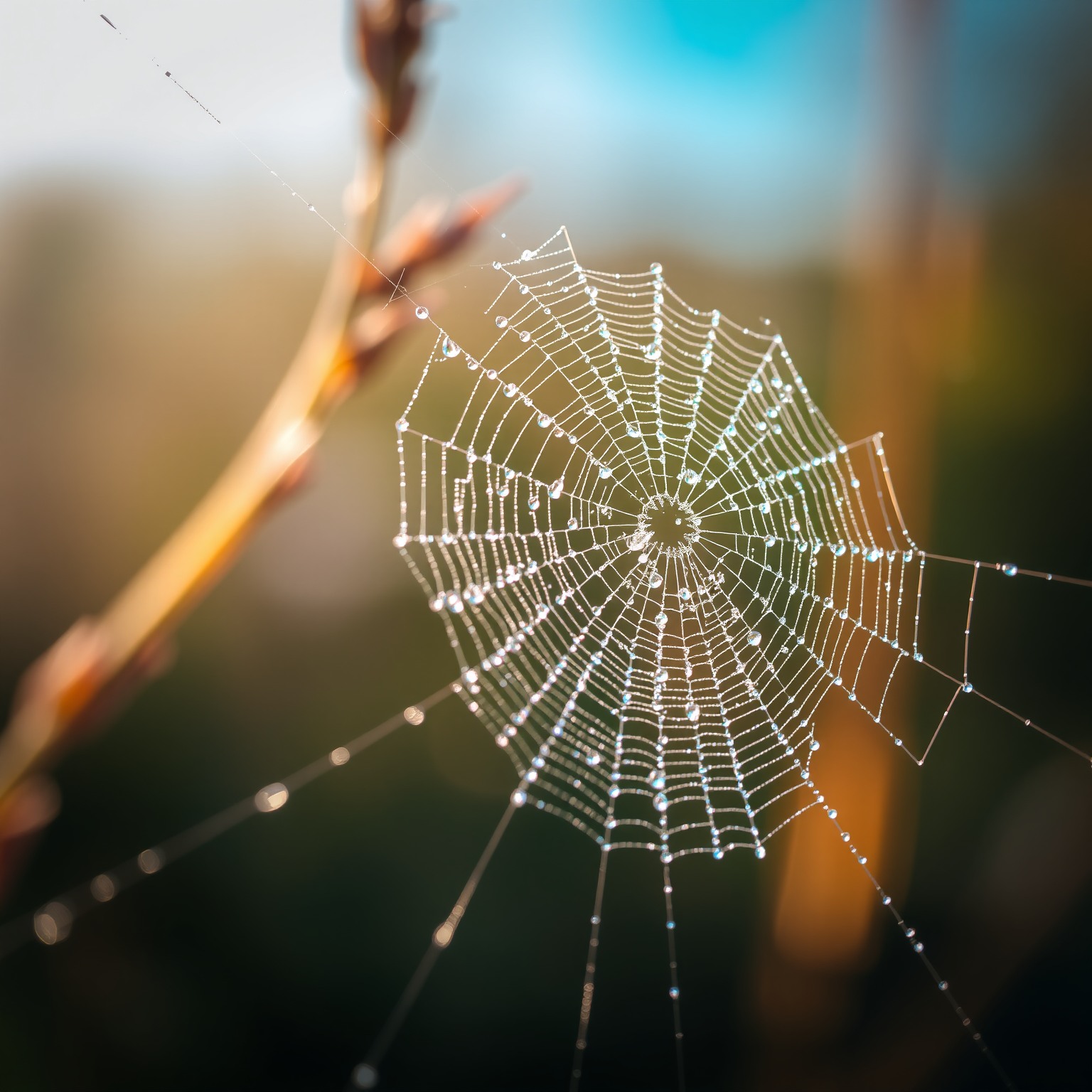 Macro shot of a dew-covered spider web with intricate patterns in the morning light