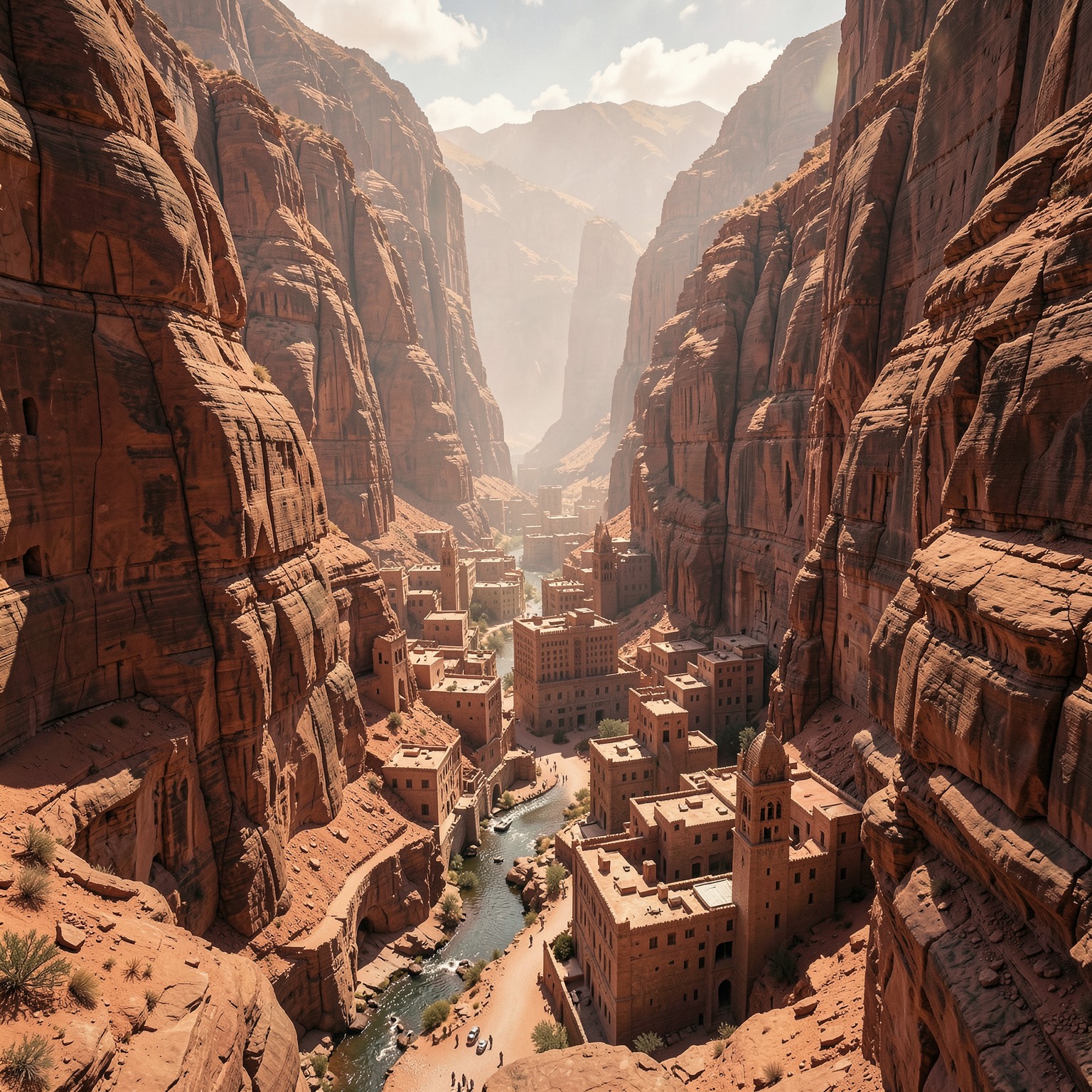 Desert city carved into giant canyon walls, cinematic fantasy realism