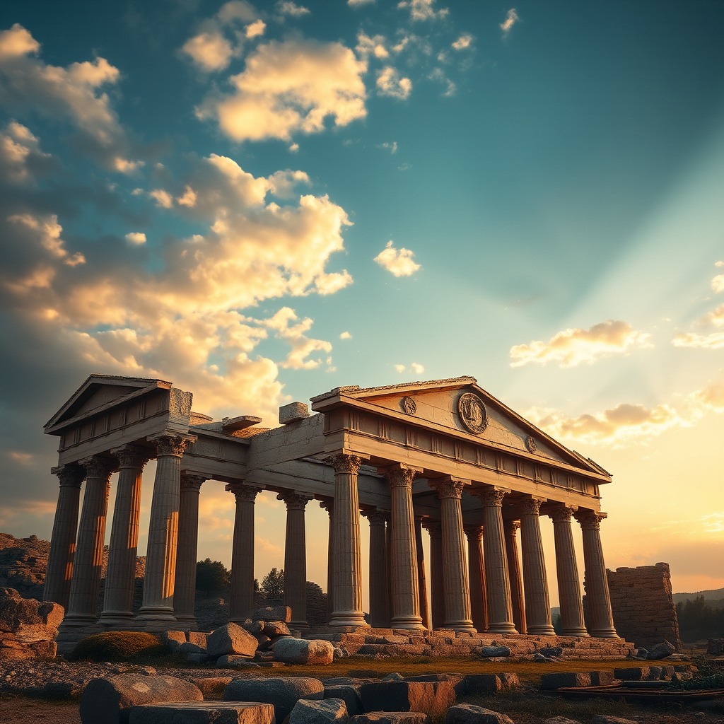 ancient roman temple ruins, dramatic sky, cinematic lighting, ultra realistic