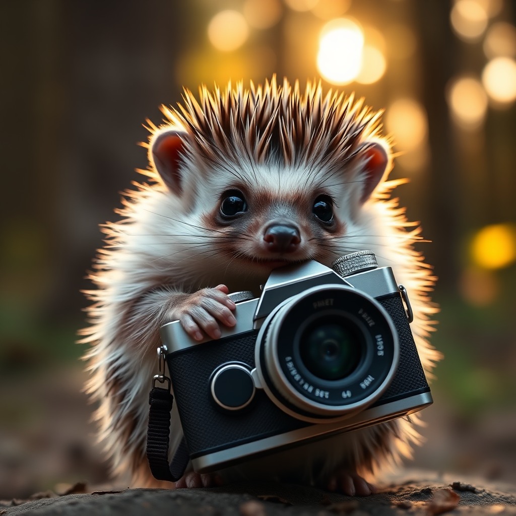 tiny cute hedgehog holding a vintage camera, forest background, warm golden hour light, shallow depth of field, ultra sharp focus, adorable expression