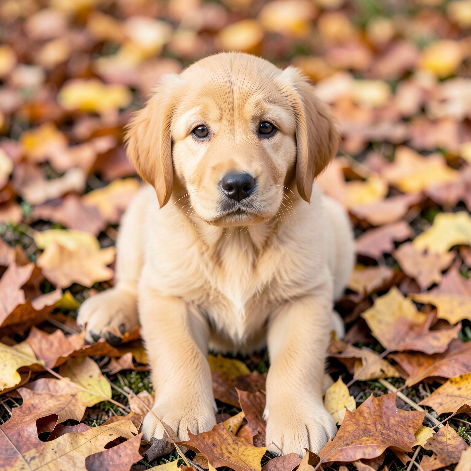 realistic golden retriever puppy in autumn leaves