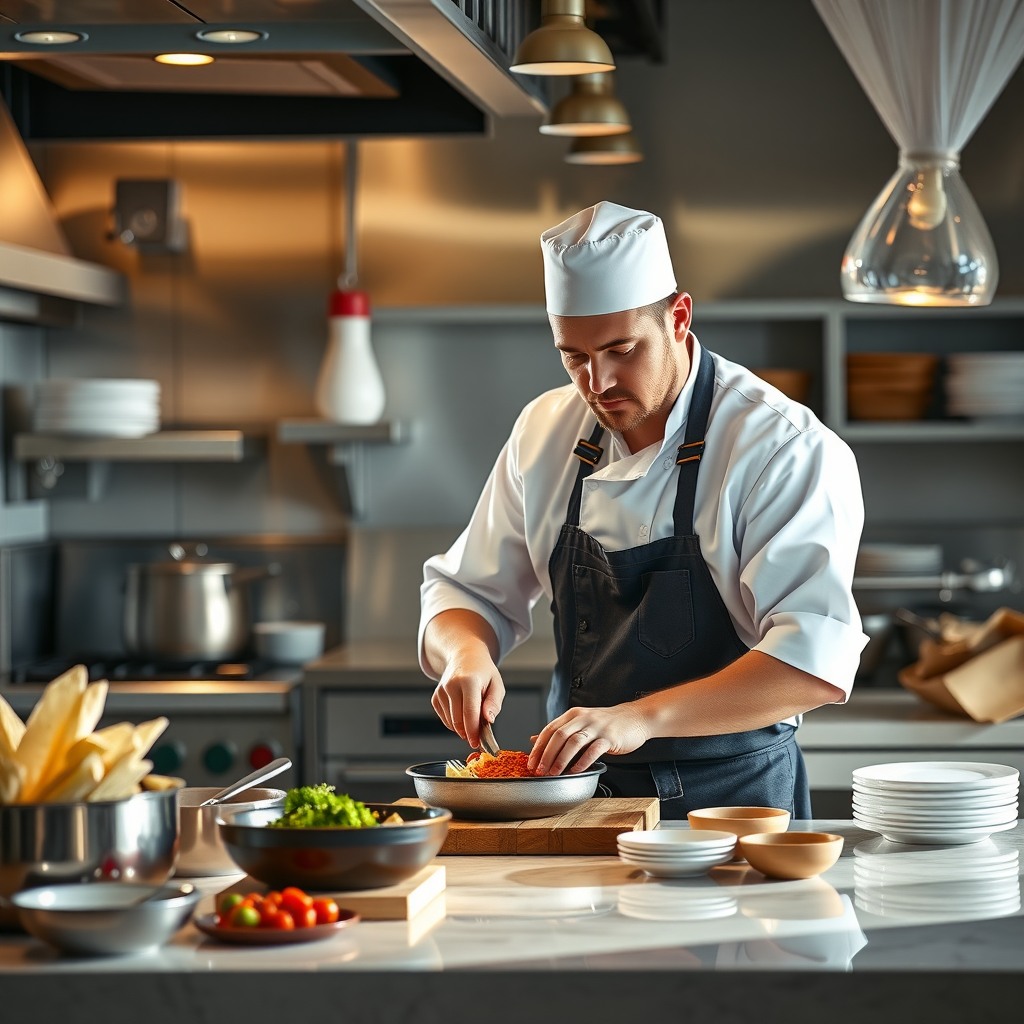Photo-realistic editorial photography, realistic scene representing a chef preparing food in modern restaurant kitchen, natural light, sharp focus