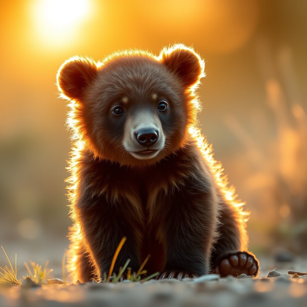 baby bear, golden hour light, clean background