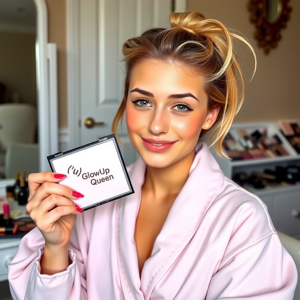 A fresh-faced young female beauty guru with freckles and natural makeup, sitting at a vanity covered in cosmetics. She’s wearing a pastel pink robe and holding up a makeup palette with “/u/GlowUpQueen” written on it in lipstick. Soft, flattering lighting enhances her radiant complexion.