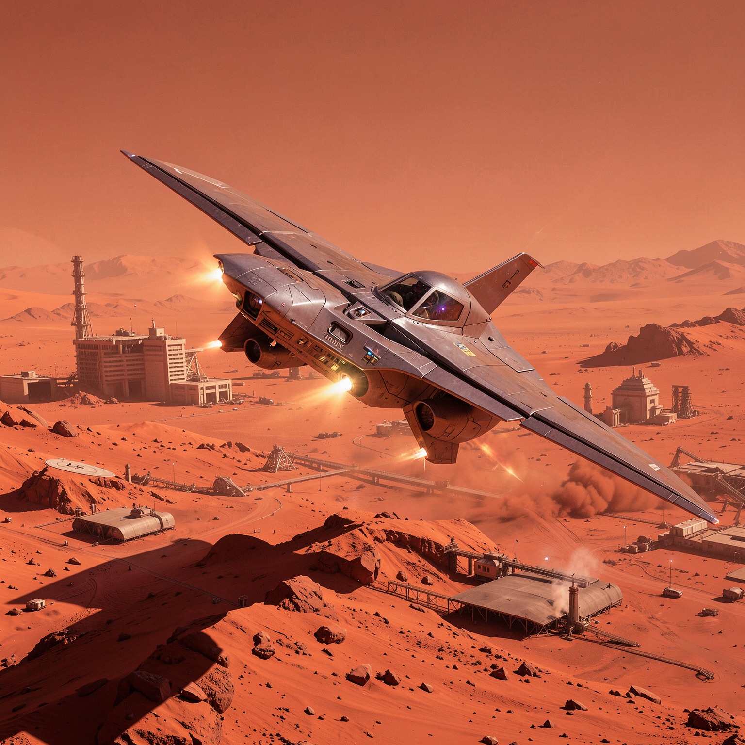 futuristic aircraft landing on Mars colony