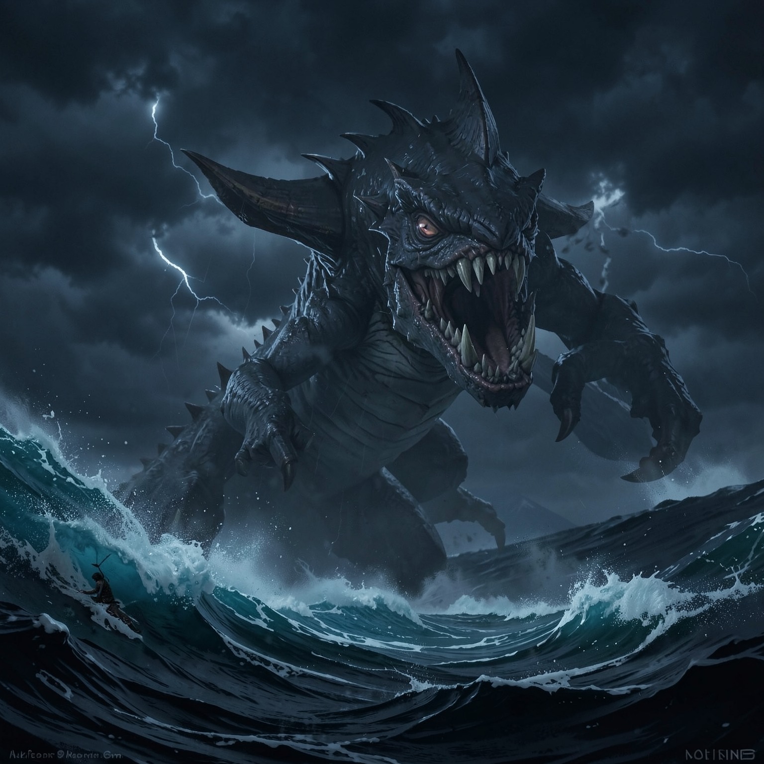 Stormy ocean with gigantic sea monster