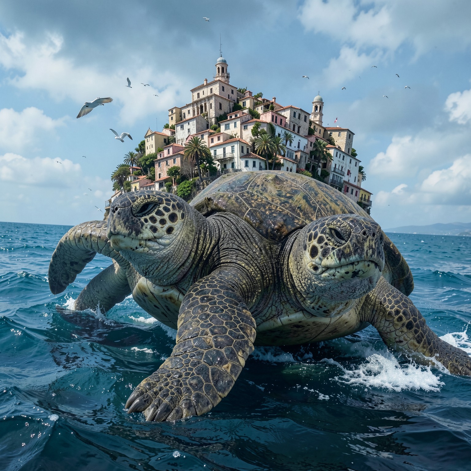 giant ancient turtle carrying a city on its back in the ocean