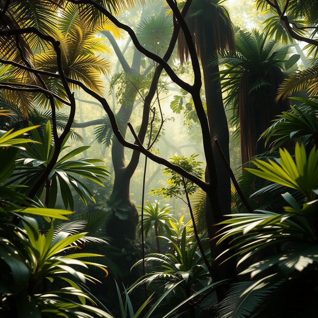Photo-realistic rainforest interior with dense vegetation, filtered sunlight, realistic depth