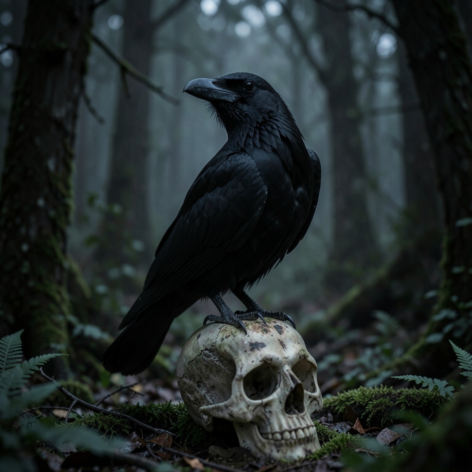 realistic raven sitting on skull in dark forest