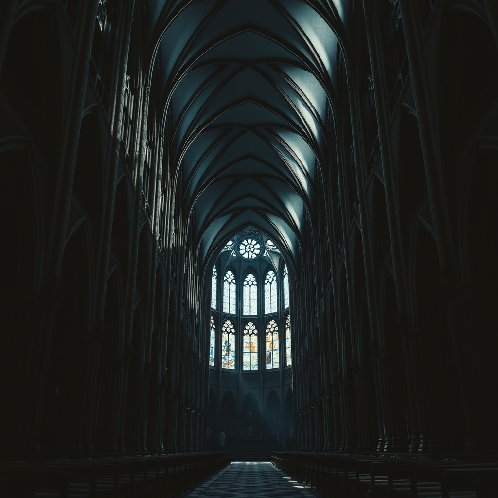 dark gothic cathedral interior, dramatic shadows, ultra detailed