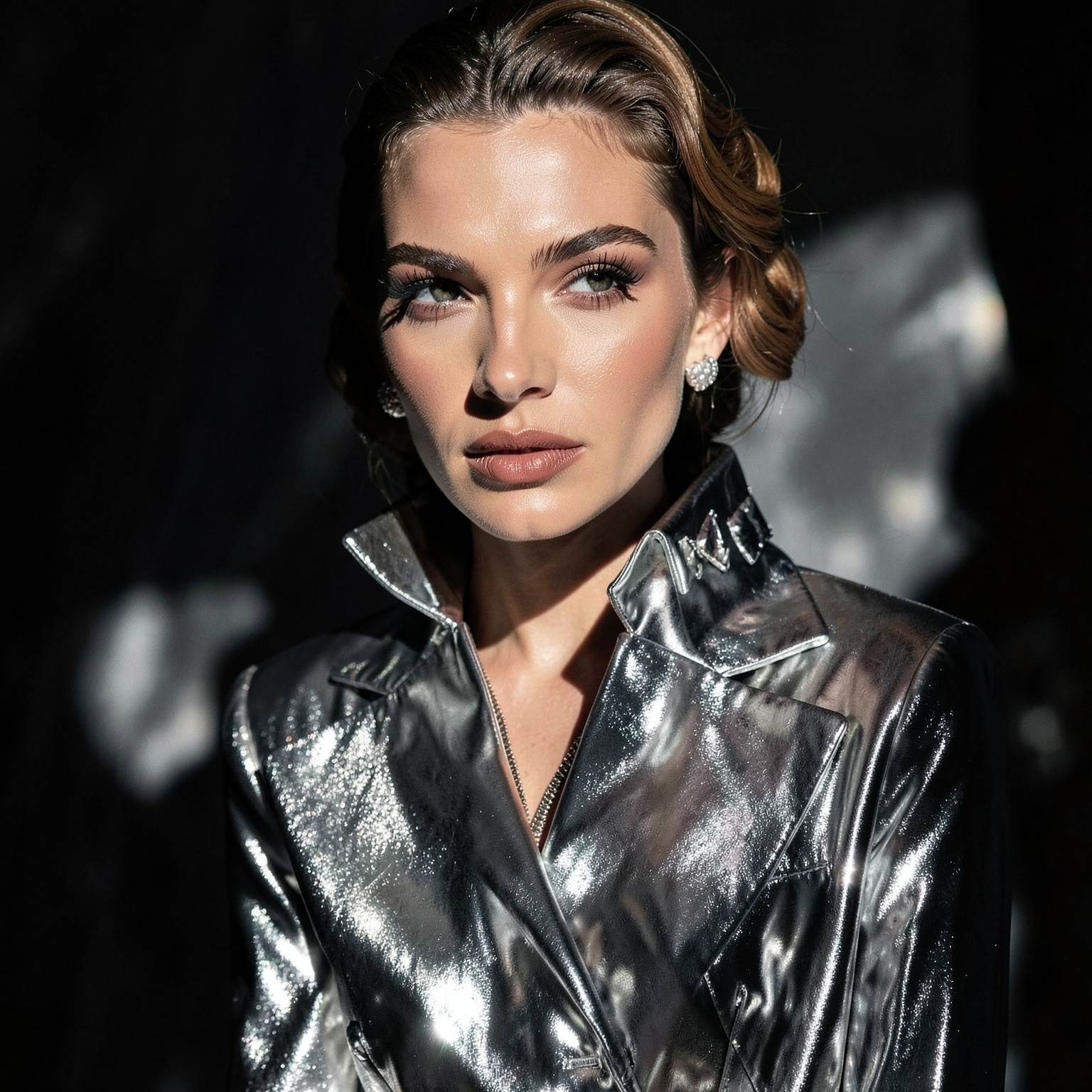 Luxury fashion portrait with reflective silver fabrics and dramatic shadows