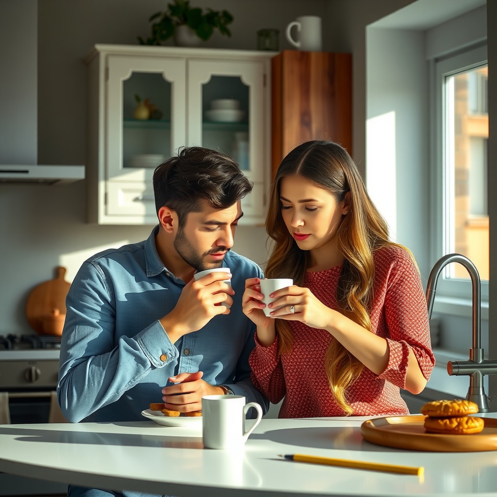 Photo-realistic editorial photography, realistic scene representing a couple drinking coffee in a modern kitchen, morning light