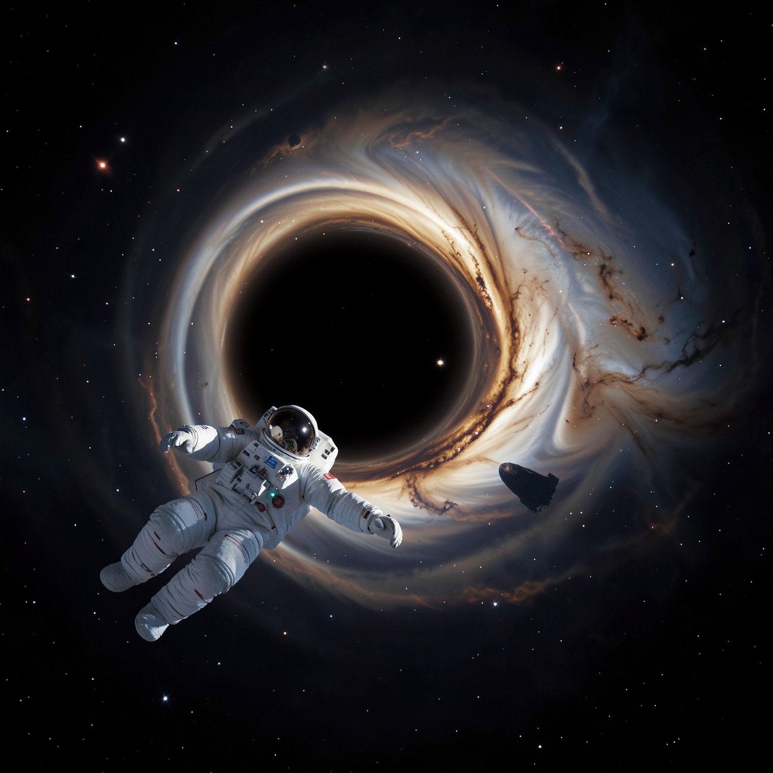astronaut floating near giant black hole