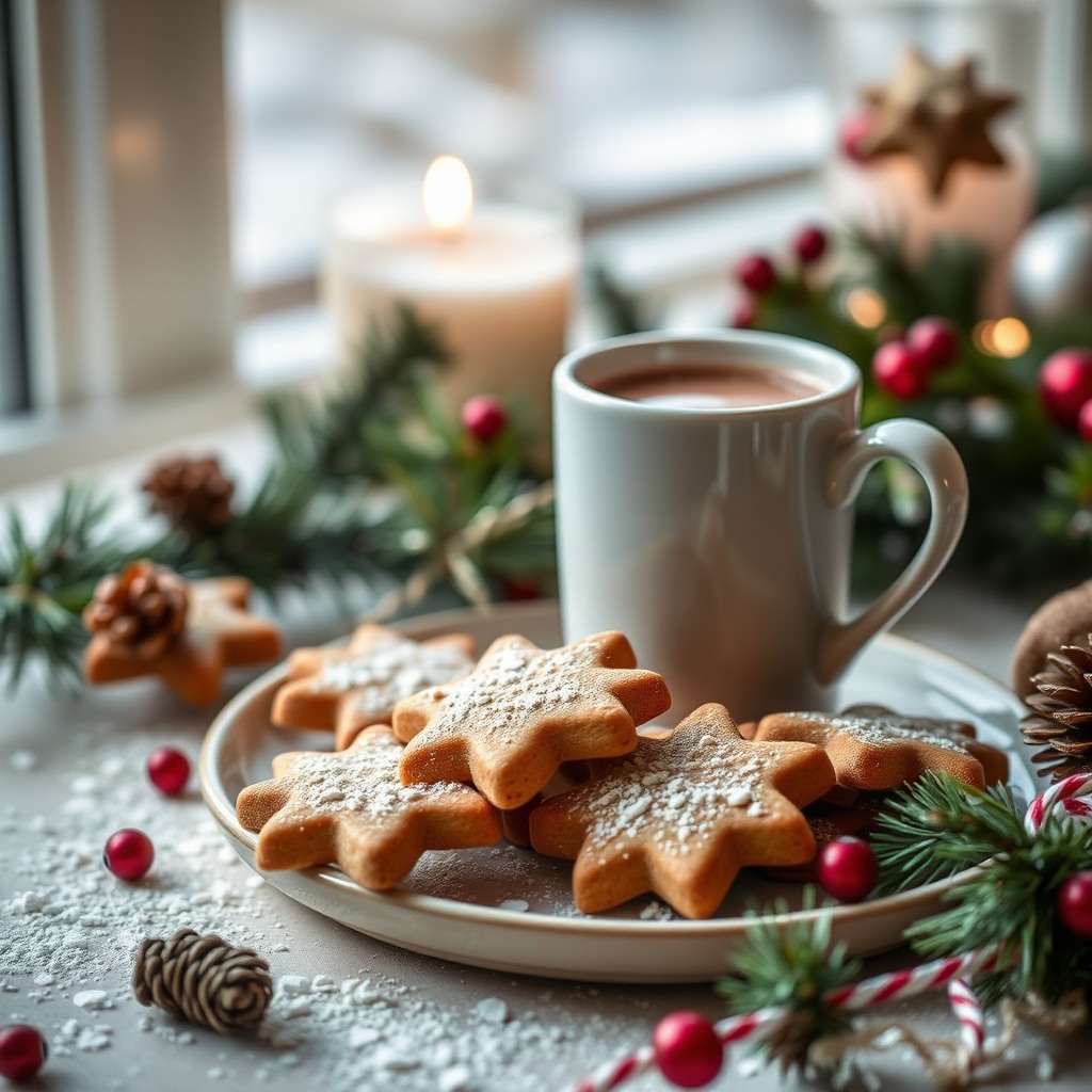 christmas cookies and hot chocolate, food photography, soft natural light