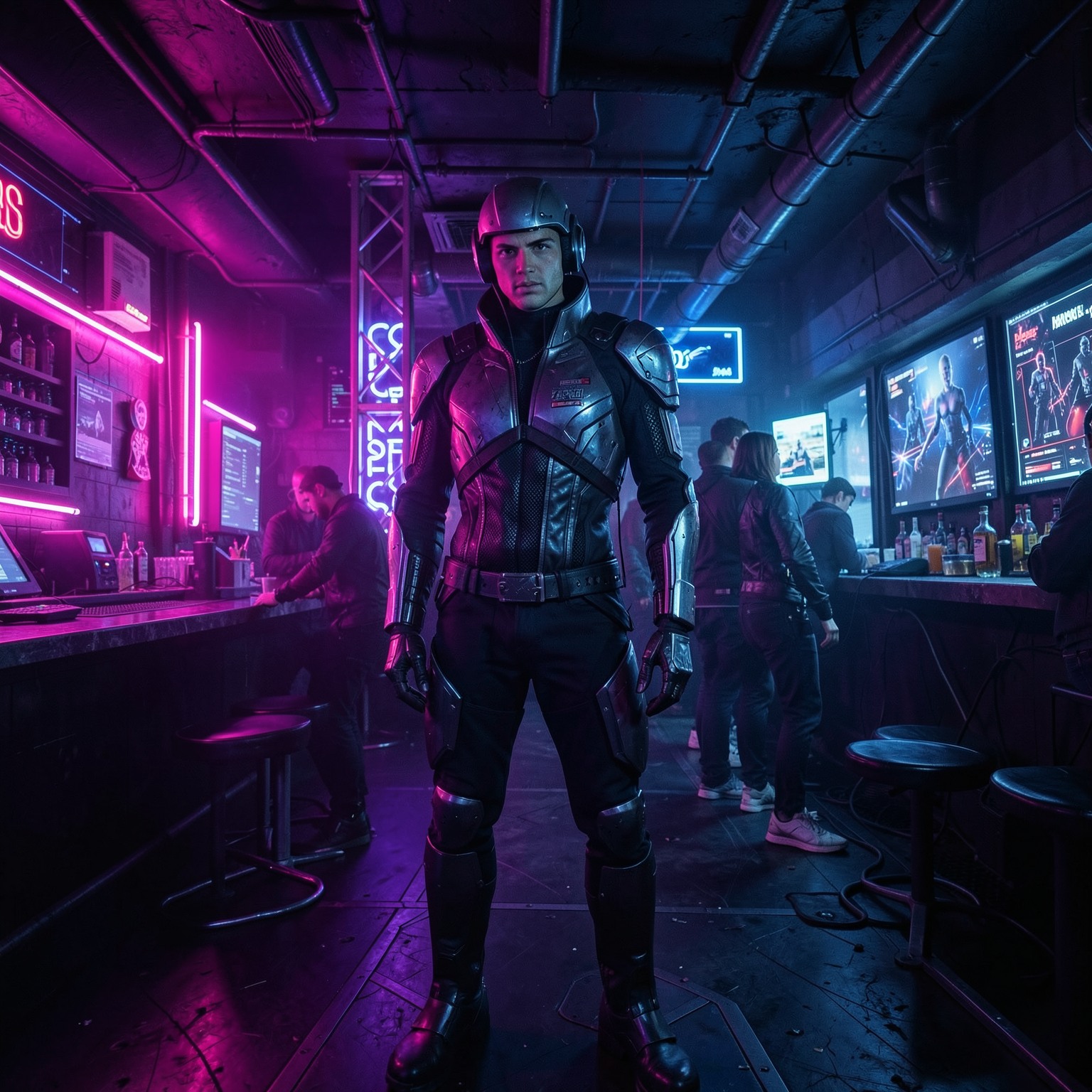 cyberpunk nightclub interior, neon lights, futuristic fashion, cinematic realism