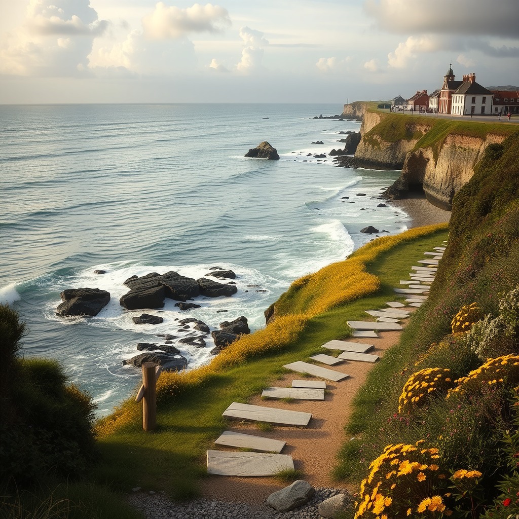 Photo-realistic editorial photography, realistic scene representing coastal path