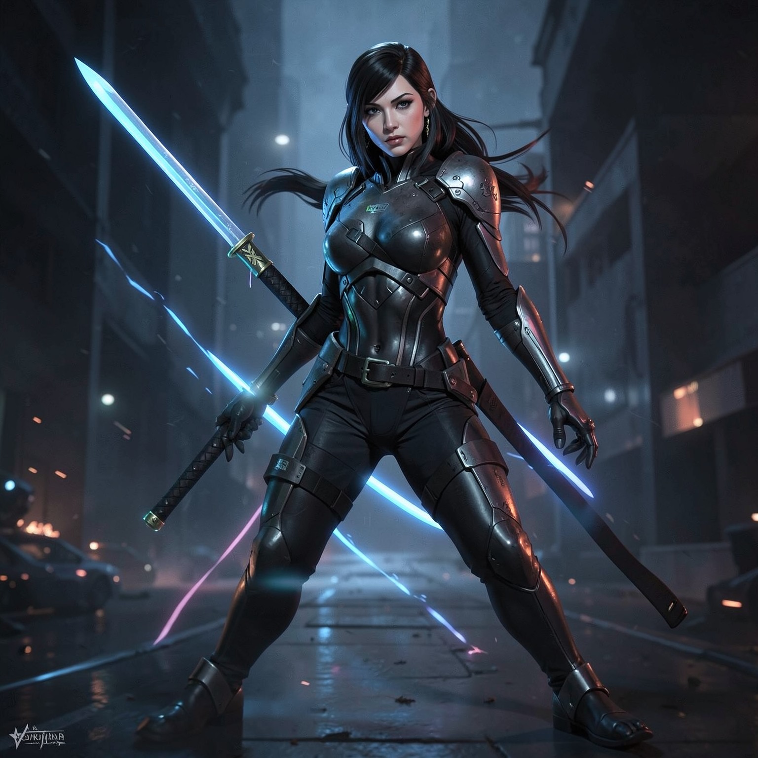 futuristic female assassin with glowing katana