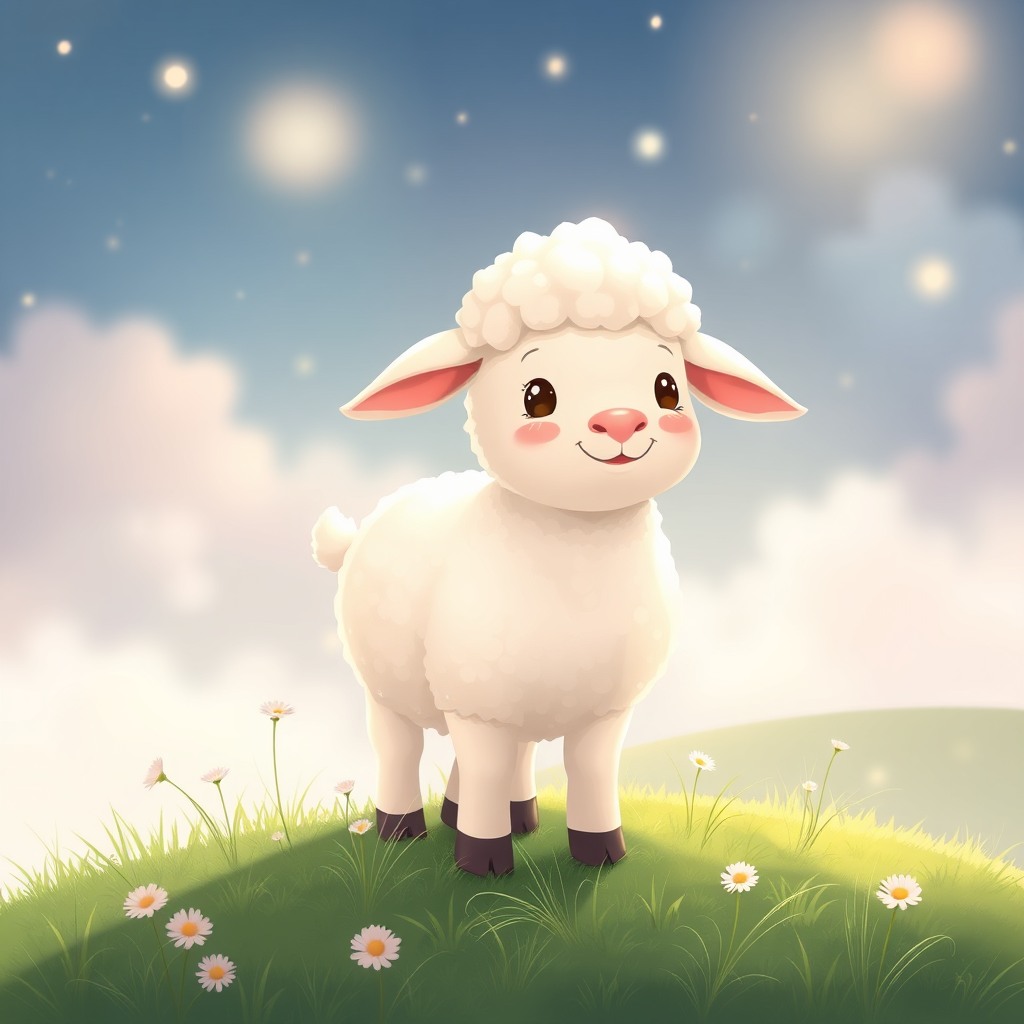 happy lamb, dreamy atmosphere, kawaii aesthetic