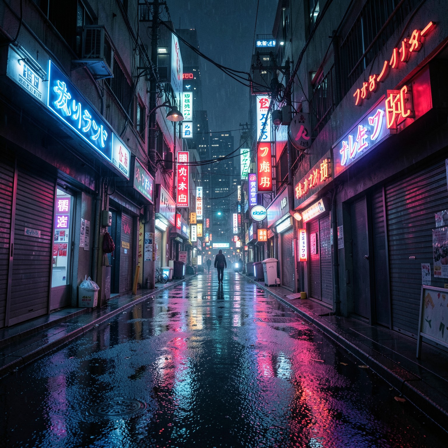 futuristic cyberpunk alley in Tokyo at night, neon reflections on wet asphalt, cinematic lighting, ultra detailed, flux style