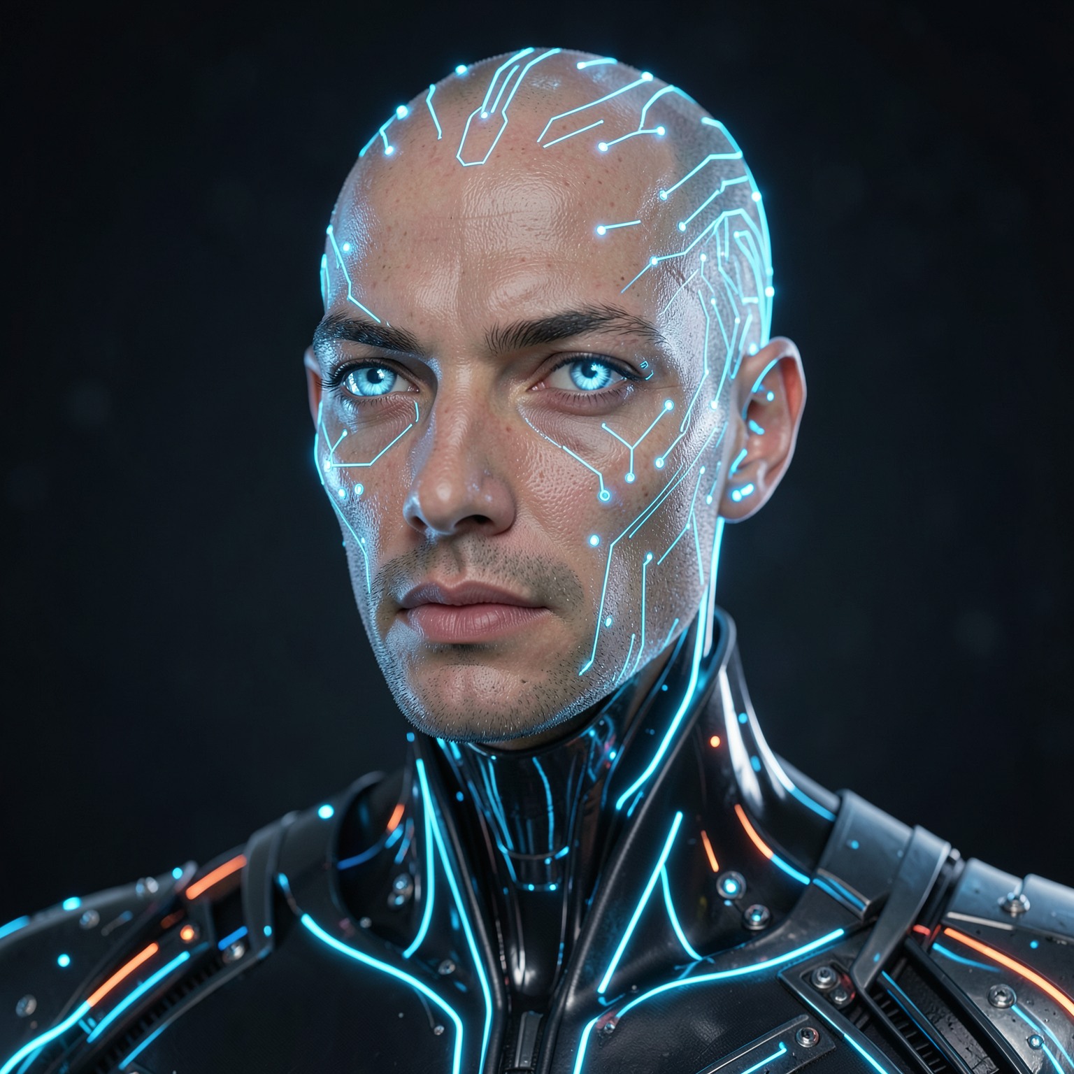 futuristic AI humanoid portrait with glowing circuits and realistic skin