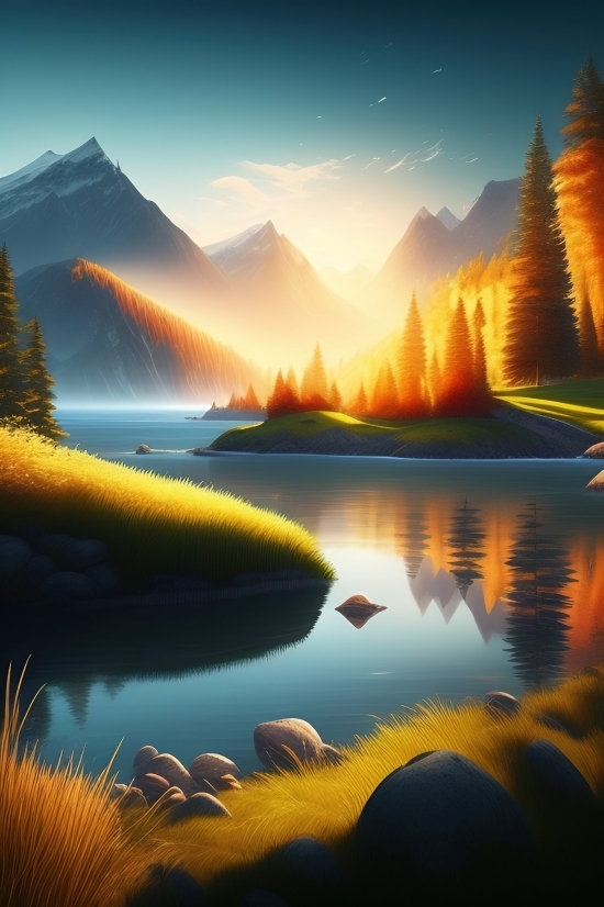 Ai Art From Drawing, Reflection, Sunset, Sun, Picture, Landscape