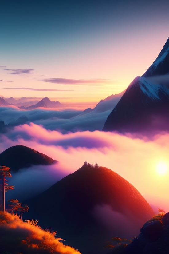 Ai Art Genorator Free, Mountain, Sun, Landscape, Sky, Sunset