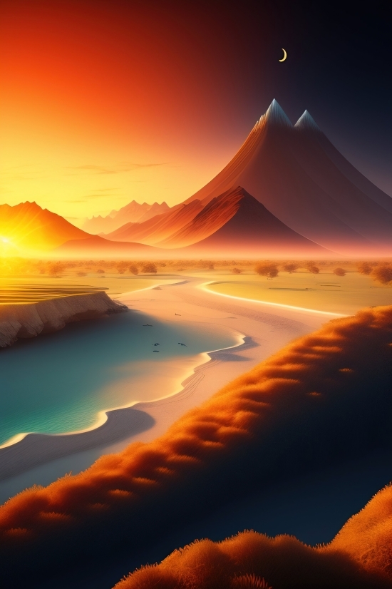 Ai Art Realistic, Sunset, Sun, Landscape, Sky, Dune
