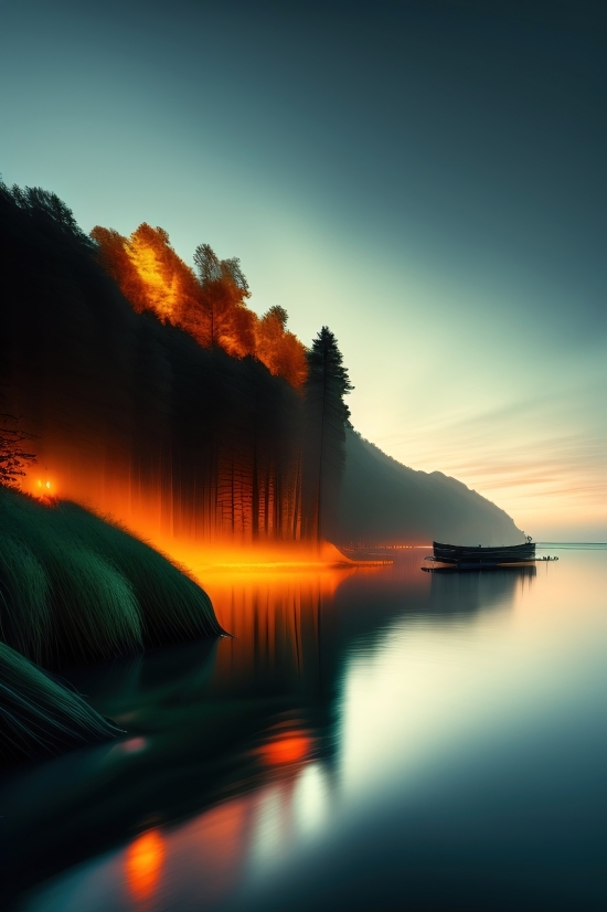 Ai Art Replacing Artists, Reflection, Lake, Water, Sunset, Sky