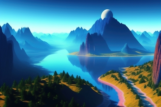 Ai Generator Photo, Lake, Landscape, Sky, Body Of Water, Mountain