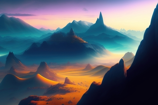 Artificial Intelligence Create Image, Mountain, Sun, Landscape, Sky, Sunset