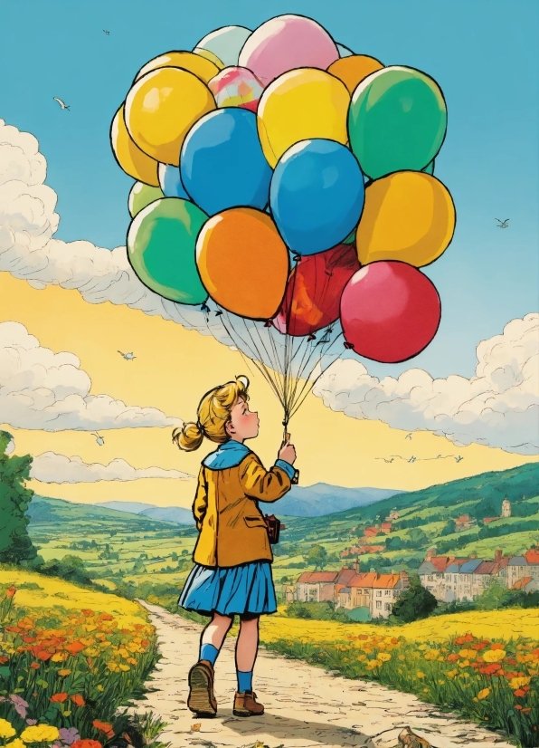 Balloon, Cartoon, Fun, Art, Sky, Boy