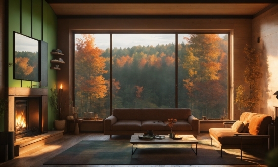 Building, Couch, Wood, Interior Design, Orange, Lighting