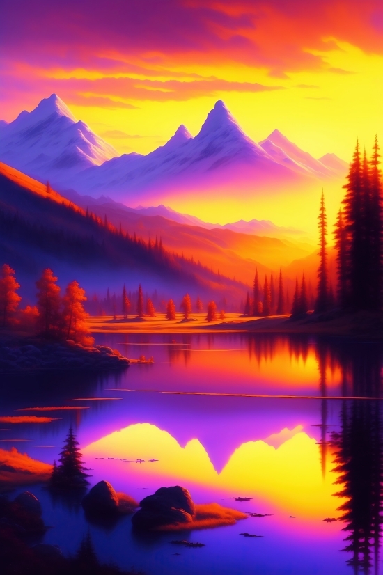 Dall E Drawing, Sun, Sunset, Sky, Landscape, Lake