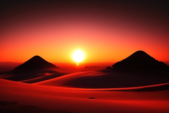 Desert, Sun, Sunset, Tract, Landscape, Sky