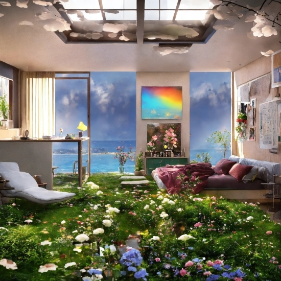 Flower, Plant, Building, Azure, Textile, Interior Design