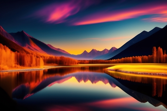 Free Ai Art Generatoe, Sunset, Reflection, Sky, Landscape, Water