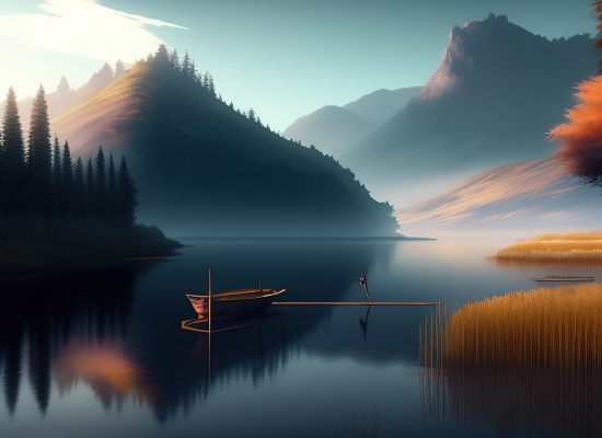 Free Ai Online Art Generator, Lake, Sky, Sunset, Reflection, Water