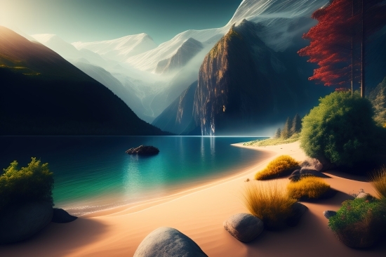 Free Use Ai Art Generator, Lake, Landscape, Sky, Mountain, Water