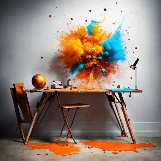 Furniture, Table, Paint, Orange, Art, Desk