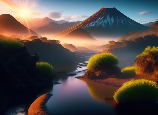 Generative Art Ai, Sun, Sunset, Sky, Landscape, Mountain