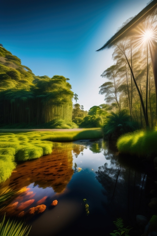 Illustration Generator From Photo, Reflection, Landscape, Water, Tree, River