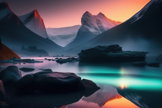 Lake, Mountain, Glacier, Landscape, Snow, Sky