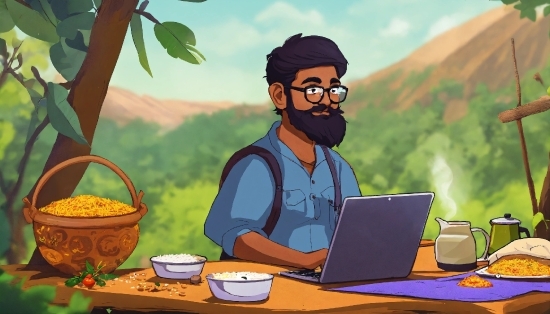 Laptop, Personal Computer, Computer, Cartoon, Beard, Tableware