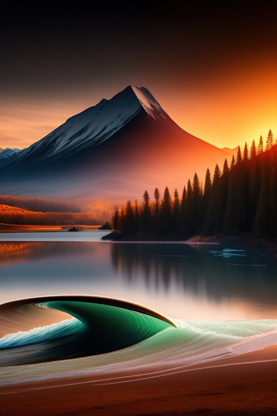 Midjourney Own Photo, Lake, Body Of Water, Sunset, Reflection, Sky