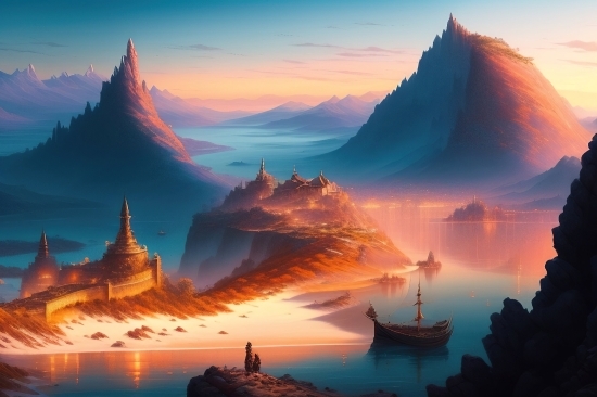 Mountain, Lake, Landscape, Sunset, Sky, Sun