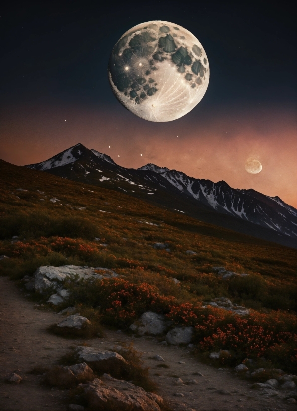 Mountain, Landscape, Mountains, Moon, Sky, Clouds