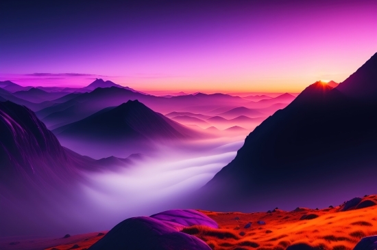 Mountain, Volcano, Landscape, Highland, Sky, Sun