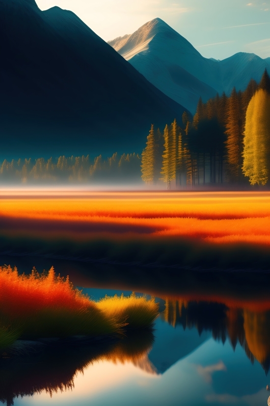 Reflection, Picture, Lake, Representation, Landscape, Sunset
